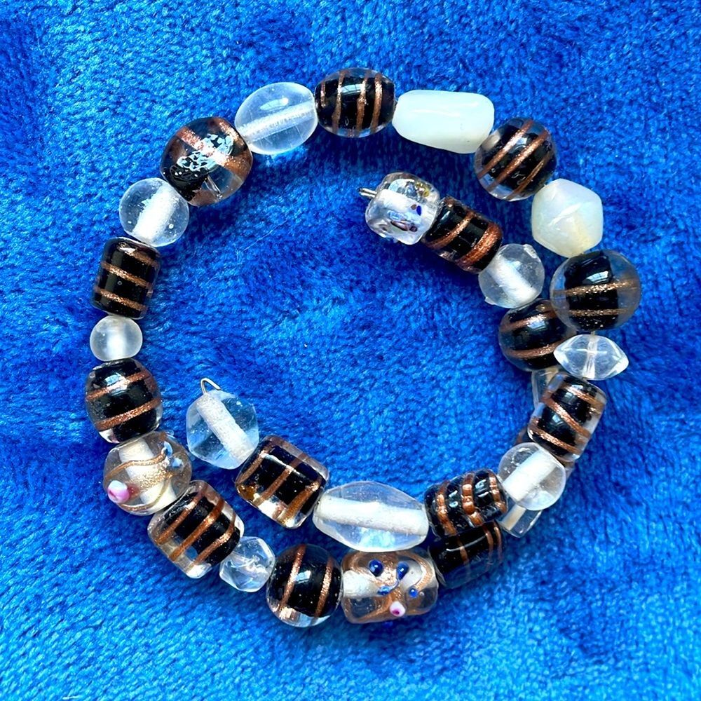 Memory wire wrap bracelet clear black and silver beads with bronze highlights